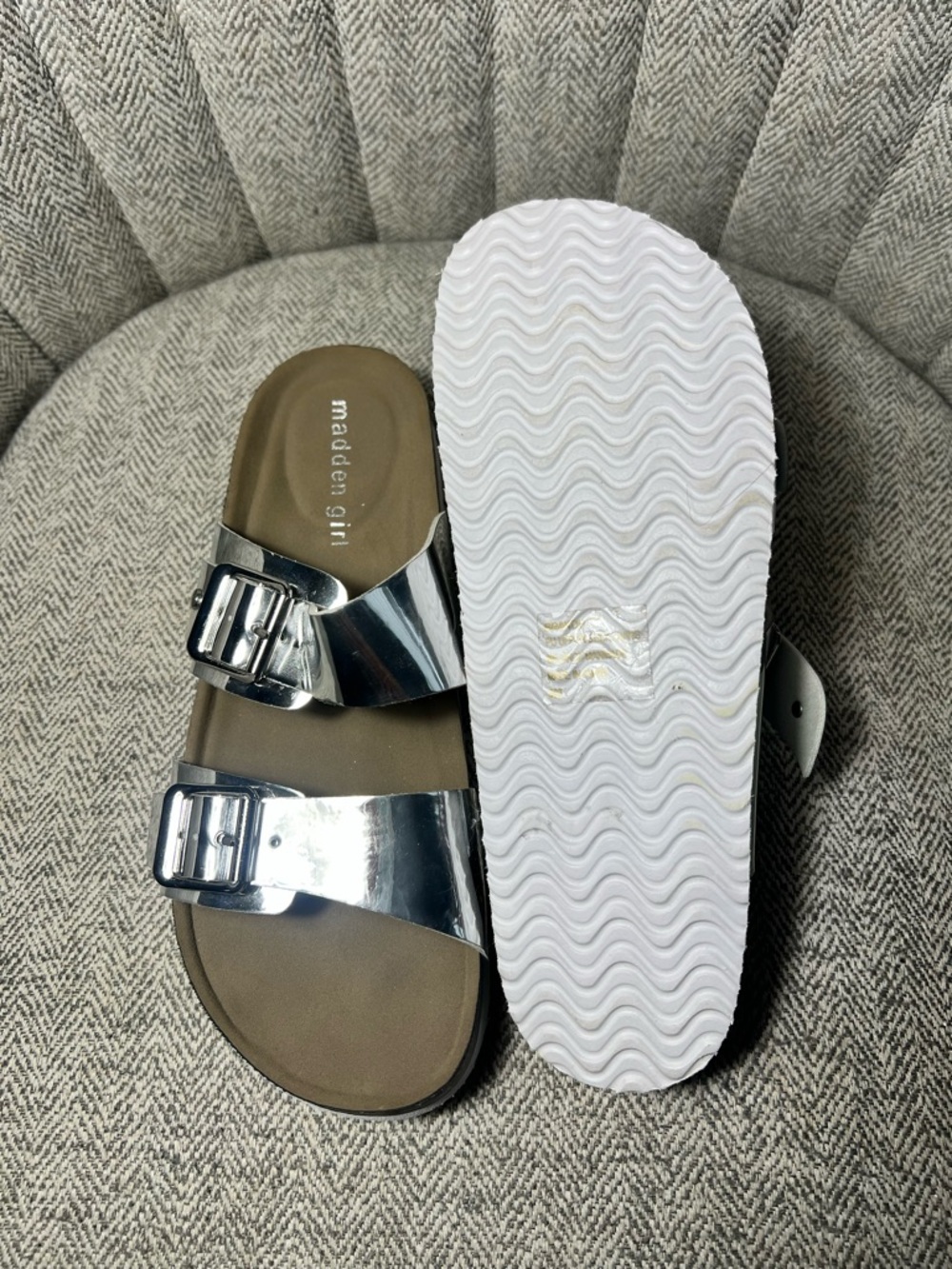 Madden Girl Silver Double Buckle Slide Sandals
